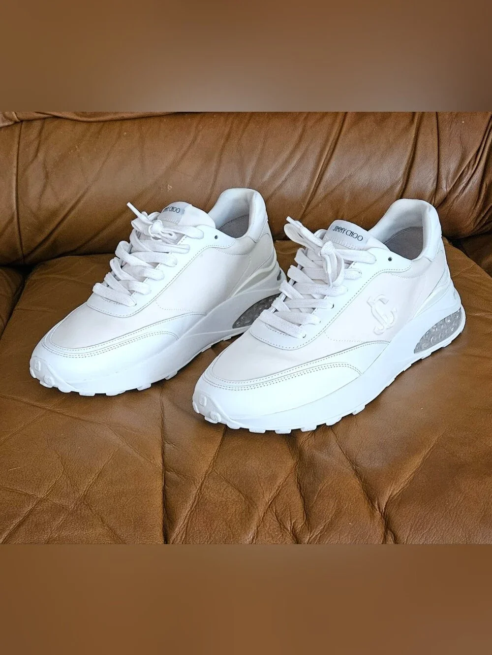 Men's Jimmy Choo White Leather Blended Fabric Luxury Sneakers Size 8 US